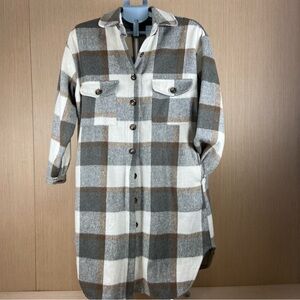 Plaid Shacket Duster Women’s Size Small Gray Brown Button Front